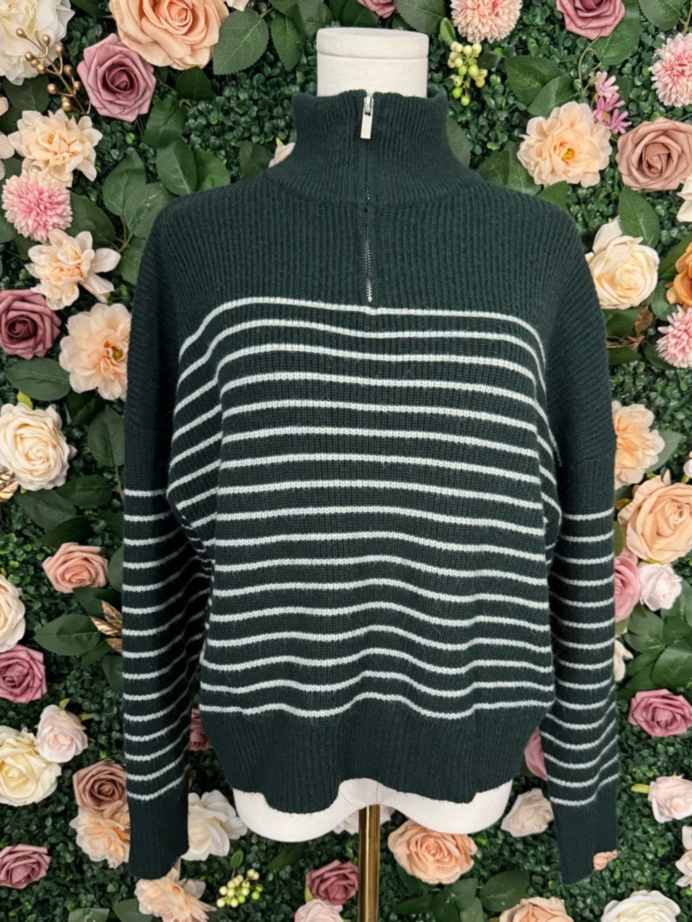 Dark Green & White Striped Quarter-Zip Sweater